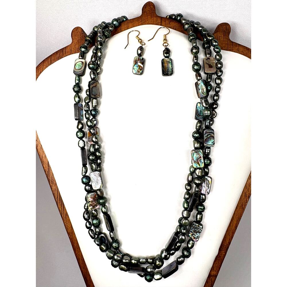 Vintage Multi Strand Peacock Freshwater Pearl & Abalone Shell Statement Set
